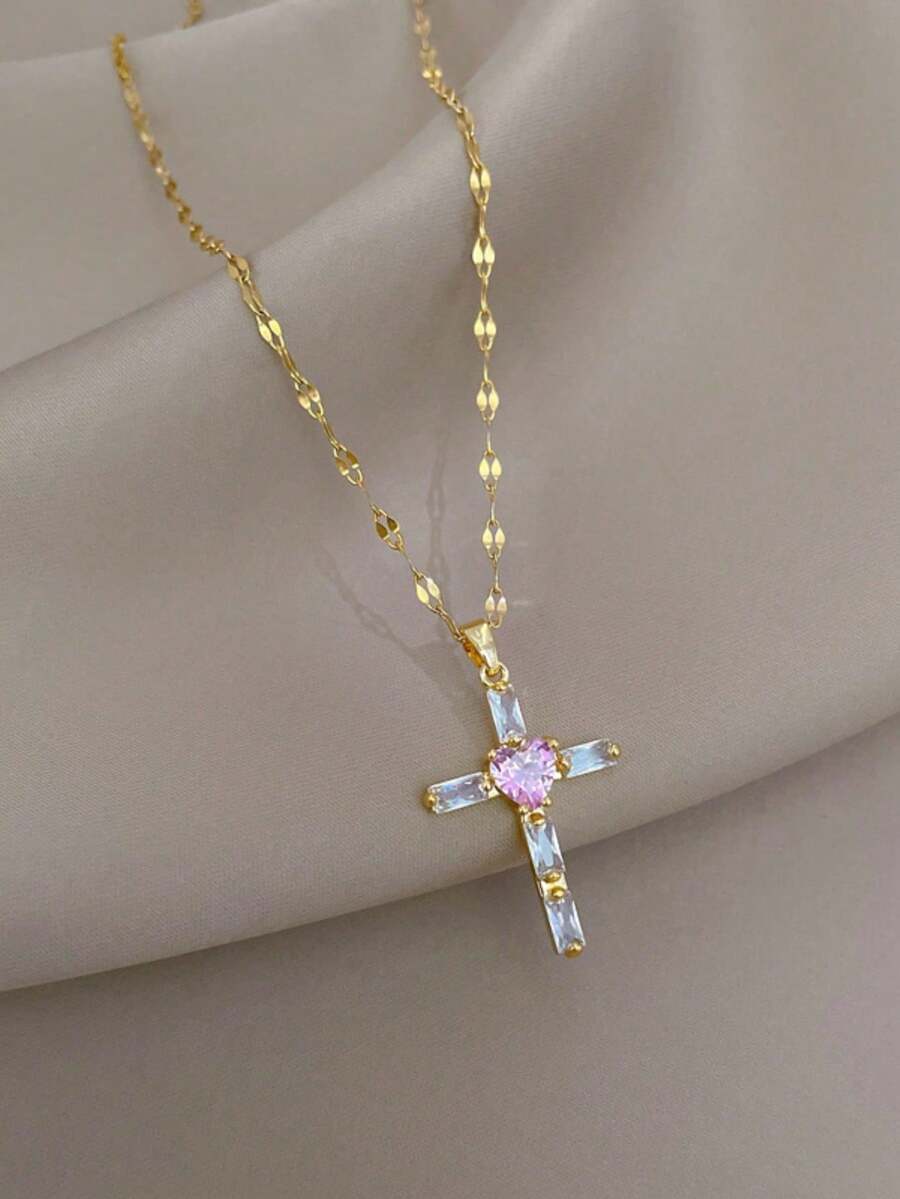 1件简约个性化全镶钻十字架粉色爱心吊坠项链，奢华优雅晚装 - 金色 - 查看 1