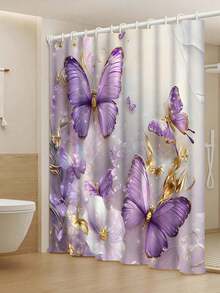4pcs Gold & Purple Butterfly Pattern Shower Curtain With 12pcs Plastic Hooks, Bathroom Anti-Slip Mat, U-Shaped Toilet Lid Cover, Modern Home Bathroom Accessories - Multicolor - View 14