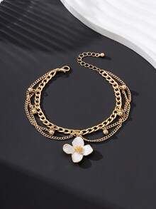 1件装度假风流苏手工滴油精致优雅白色滴油四瓣花吊坠多层脚链，女士款 - 白色 - 查看 4