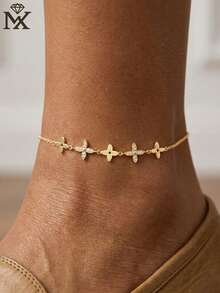 SYMFNY 1pc 925 Sterling Silver Single Strand Luxury Four-Leaf Flower Zirconia Inlaid Anklet, Elegant Jewelry Gift For Women, Summer Holiday - Yellow Gold - View 1