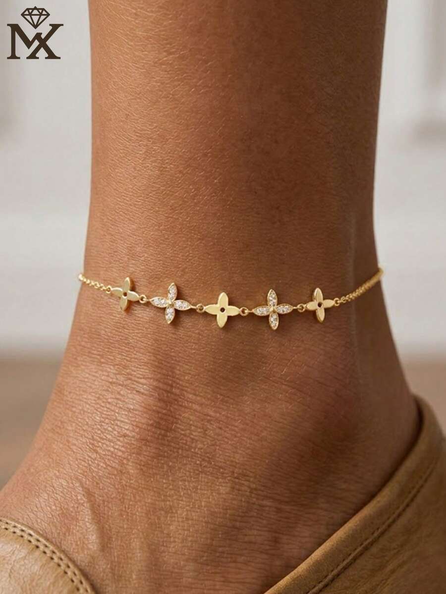 SYMFNY 1pc 925 Sterling Silver Single Strand Luxury Four-Leaf Flower Zirconia Inlaid Anklet, Elegant Jewelry Gift For Women, Summer Holiday - Yellow Gold - View 1