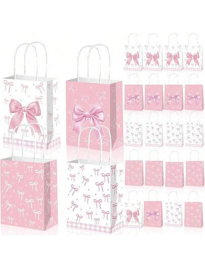 24/12/1pc Bow Gift Bags Bulk, Small Pink Gift Bag, Goodie Bag, Pink Bow Party Favor Bags Paper Treat Candy Snack Bag For Girls Birthday Baby Shower Wedding Easter Party Decoration