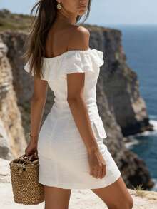 Summer New Off Shoulder Ruffled Front Button Retro Brown Mini Dress For Women; Lightweight And Breathable, Fitted Silhouette White Elegant - White - View 3