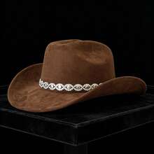 Rhinestone Cowboy Hat For Women, Summer Hats For Women Fashion Western Cowgirl Hats, Elegant Wide Brim Fedora Cap For Party & Daily - 咖啡棕-Rhinestone Cowboy Hat - 查看 3