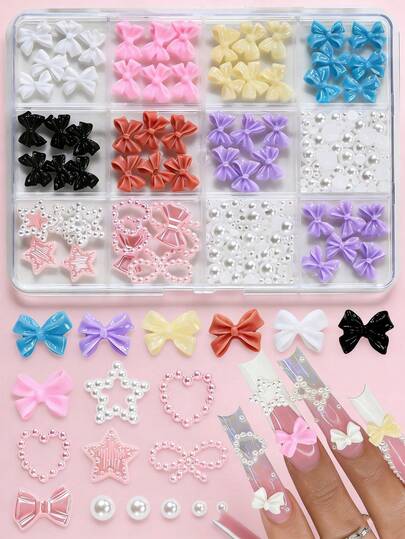 12Grids 彩色蝴蝶结美甲饰品套装 - 3D 粉色/白色/黑色/蓝色/黄色/紫色蝴蝶结美甲装饰，配珍珠、星星和心形珠子、树脂美甲宝石水钻，适用于亚克力指甲，DIY 美甲用品，适合女性和女孩