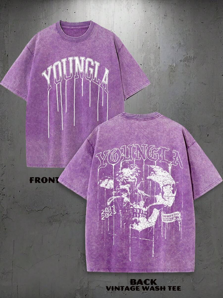1PC Y2K Vintage Washed T-Shirt | Men's Graphic Tee | YLA Dripping Skull Design Pattern | Gifts For Men Or Boyfriend | 100% Cotton | 230Gsm Thickened Fabric | Unisex - Purple - View 1