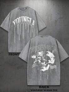 1PC Y2K Vintage Washed T-Shirt | Men's Graphic Tee | YLA Dripping Skull Design Pattern | Gifts For Men Or Boyfriend | 100% Cotton | 230Gsm Thickened Fabric | Unisex - 灰色 - 查看 1
