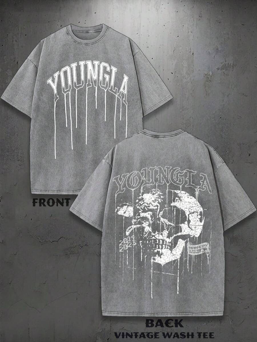 1PC Y2K Vintage Washed T-Shirt | Men's Graphic Tee | YLA Dripping Skull Design Pattern | Gifts For Men Or Boyfriend | 100% Cotton | 230Gsm Thickened Fabric | Unisex - 灰色 - 查看 1