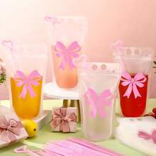 Juego de 100 bolsas de bebidas con lazo rosa para el día de Galentine con pajitas 16 onzas bolsas de bebidas para bodas cumpleaños Y2k despedida de soltera arco rosa suministros para - Rosa - Ver 7