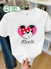 Disney Women's Casual Daily 100% Cotton Short Sleeve T-Shirt, With Heart And Mickey Mouse Hands-On-Face Pattern Print, Sweet Girlish Style, Gentle And Age-Reducing. Suitable For Students' Daily Wear, Disney-Themed Trips, Dating, And Casual Shopping. Summer Clothing, Mickey Mouse Pattern Printed T-Shirt, Is A Popular Item For Best Friend Outfits, Couple Outfits, Or Sweet Style Daily Wear. - White - View 2