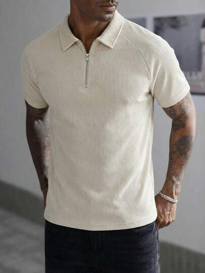 Men's Casual Vintage Coin Print Short Sleeve Polo Shirt, Zipper Design, Suitable For Spring & Summer