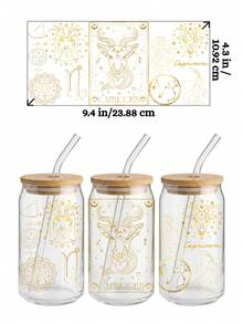 12款十二星座UV DTF转印贴纸，适用于16盎司Libbey玻璃杯（尺寸：9.4x4.3英寸），无需加热，所有星座图案均为金色星空女神占星图，防水可移除贴纸，DIY个性化生日礼物 - Zodiac 03 - 查看 6
