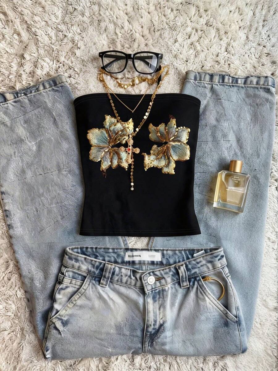 女士休闲抹胸上衣，金色花卉拼接设计，弹力面料，适合夏季度假穿着，黑色 - 黑色 - 查看 1