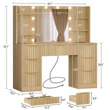 Large Vanity Desk With LED Lighted Mirror & Power Outlet,Makeup Vanity Table With 7 Drawers,4 Shelves And 5 Hooks,Vanity Table, Vanity Desk Set For Bedroom,Bathroom Natural - US A Type Plug(110-127V) - View 6