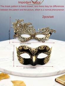 2件套奢华金色面具套装，威尼斯派对面具，适用于圣诞节、万圣节、狂欢节、浪漫情侣化装舞会，男女通用，情人节礼物 - 彩色 - 查看 11