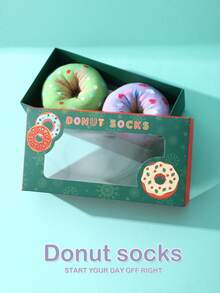 2 Pairs New Colorful Donut Design Mid-Calf Socks Gift Box, Spring/Summer Unisex Sports Socks, Imaginative Food-Inspired Creative Design, Knitted Fabric, Tall Thick Soft Comfortable, Perfect For Birthday, Valentine's Day, Easter, Festival, Carnival, Dates, Parties, Holidays Gifts, Quirky Abstract Daily Casual Wear Socks, Popular Food-Themed Outfits, Suitable For All Seasons, Great Gift For Couples, Friends, Vacation, Outdoor Sports, Gym, Home, Office - Multicolor - View 4
