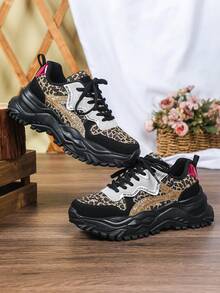 Leopard Print Round Toe Platform Increase Height Men's Casual Sneakers, Low-Top Lace-Up Wedge Thick Sole Shoes, Suitable For All Seasons, Couple Style For Daily, Campus, Party, Travel And Vacation - Black Leopard Print On Black Background - View 6