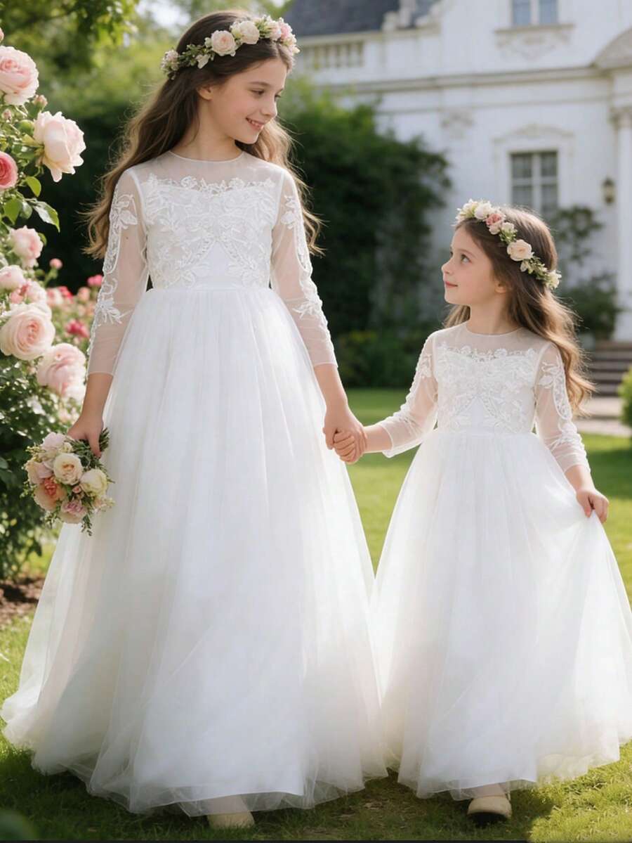 Girls' Floral Embroidered Bowknot Long Sleeve Mesh Formal Dress, Suitable For Flower Girl, Wedding, Festival, Prom, Spring/Summer - White - View 1