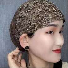 春夏新款女士休闲串珠蕾丝边头巾，妈妈帽，女士发套帽 - 多色 - 查看 3