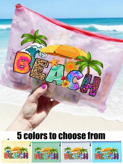 1个时尚防水PVC沙滩包，印有度假风格彩色字母“Beach” - A4尺寸，透明化妆包，带尼龙拉链，非常适合游泳、潜水和夏季度假 - 轻便耐用，男女老少皆宜，沙滩包配件，女士和女孩礼物，母亲节礼物，情人节礼物。