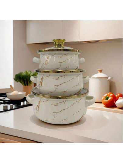 3pcs Enamel Coated Pots With Gold Rim, 12cm-14cm-16cm Double Ear Pots, Enamel Bowls, Household Pots, Mini Pots, Enamel Soup Pots, Ramen Bowls, Small Hot Pot, Thick Enamel Pots, Mini Saucepan, Double Ear Pots For Induction Cooktop And Gas Stove, Enamel Soup Pot For Home Use, Thick Double Ear Stewing Pot, Lard Jar, Milk Pot With Lid, Suitable For Small Quantity Cooking And Food Storage