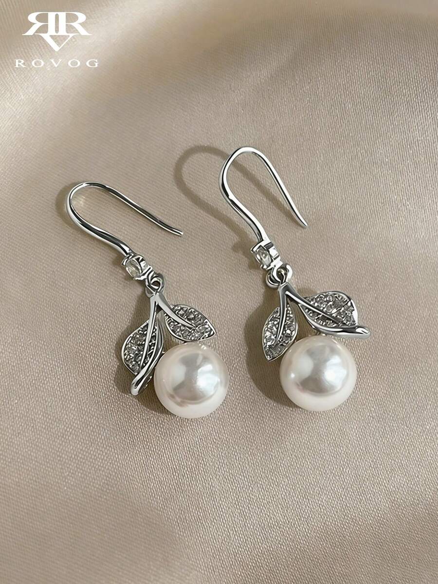1 Pair Luxury Fashion Delicate High-End Faux Pearl Leaf Inlaid Glass Earrings, Elegant Suitable For Weddings, Bridesmaids, Parties And Gatherings - Silver - View 1