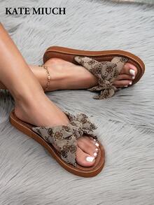 MIUCH Original Design All-Season Bestselling European And American Casual Vintage Relaxed Lightweight Breathable Open-Toe Shock-Absorbing Handmade Flat Sandals, Suitable For Pairing With Pants And Skirts For Beach Travel Vacation, Valentine's Day Mother's Day Shopping Dates, Versatile Brown Sandals; Summer British Academy Romantic Sweet Cute Outdoor Multifunctional Bow Women's Sandals; Indoor Home Women Slippers, Aesthetic - Brown - View 4