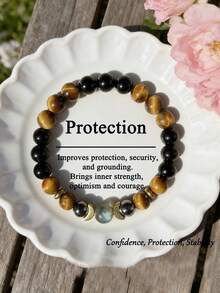 月相能量手链 | 黑碧玺、虎眼石和赤铁矿月相吊坠弹力手链，象征守护、自信和勇气，适合瑜伽冥想佩戴，男女皆宜 - 彩色 - 查看 1