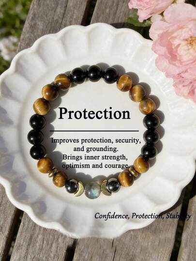 Lunar Energy Bracelet | Black Tourmaline, Tiger Eye & Hematite Moon Phase Charm Stretch Bracelet, Protection, Confidence, Courage Yoga Meditation Jewelry For Women Men