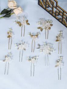 5件套 空灵新娘哑光花朵发夹套装，优雅珍珠银叶发夹，手工婚礼派对发饰 - 彩色 - 查看 6