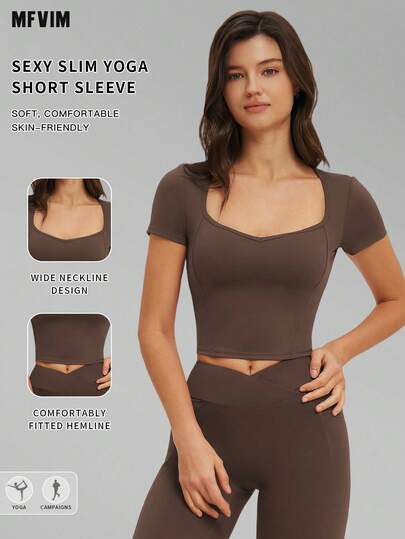  MFVIM Women's Sports Short Sleeve Top, Diamond Neckline Design Highlights Collarbone, Accentuates Bust, Slim Fit Slimming, Suitable For Commuting, Outdoor Running, Cycling, Yoga, Pilates, Gym Workout