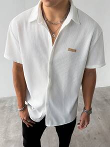 男士夏季度假套装，针织条纹提花短袖衬衫，男士休闲白衬衫，男士沙滩度假上衣，适合情侣约会，衣橱必备，送给男友/丈夫的理想礼物 - 白色 - 查看 2