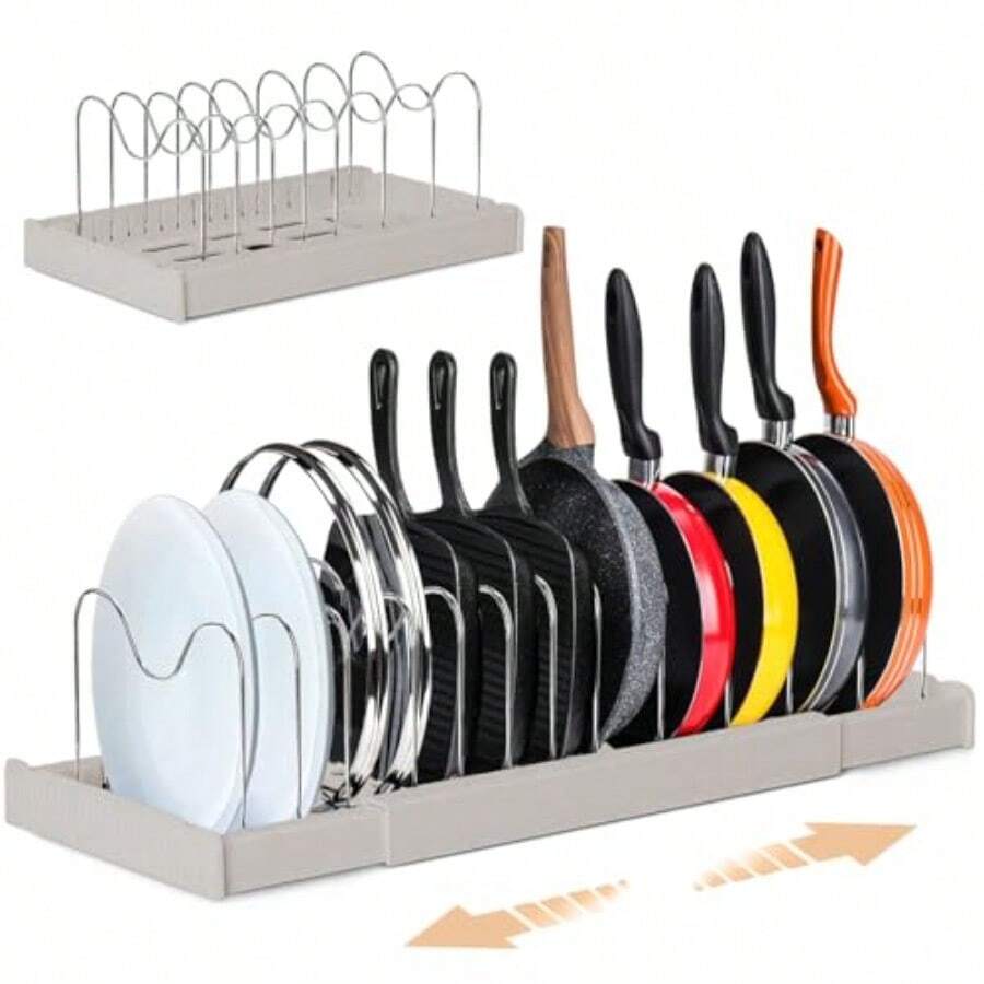 Organizador Sartenes y Ollas Corredero Organizador de Tapas de Ollas Acero Inoxidable Porta Sartenes de Cocina 13 Compartimentos Ajustables Porta Platos para Alacena para Armario de Despensa Gris - Gris - Ver 1