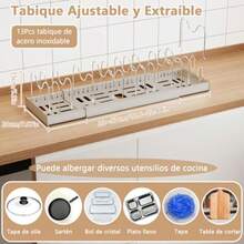 Organizador Sartenes y Ollas Corredero Organizador de Tapas de Ollas Acero Inoxidable Porta Sartenes de Cocina 13 Compartimentos Ajustables Porta Platos para Alacena para Armario de Despensa Gris - Gris - Ver 2