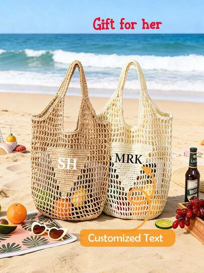 1pc Personalized Woven Straw Beach Bag, Woven Handbag, Bridal Gift Bag, Bachelorette Party Gift Bag, Personalized Letter Bag, Raffia Woven Travel Beach Bag, Bridesmaid Gift, Mother's Day Gift, Friend's Birthday Gift, Her Gift