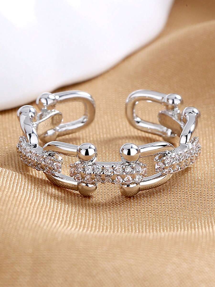 1 buah Cincin Berbentuk Tapal Kuda Modis dari Baja Tahan Karat, Cincin Pita Padat Minimalis Mewah dengan Zirkonia, Aksesori Perhiasan Desain Unik untuk Wanita - Perak - View 1