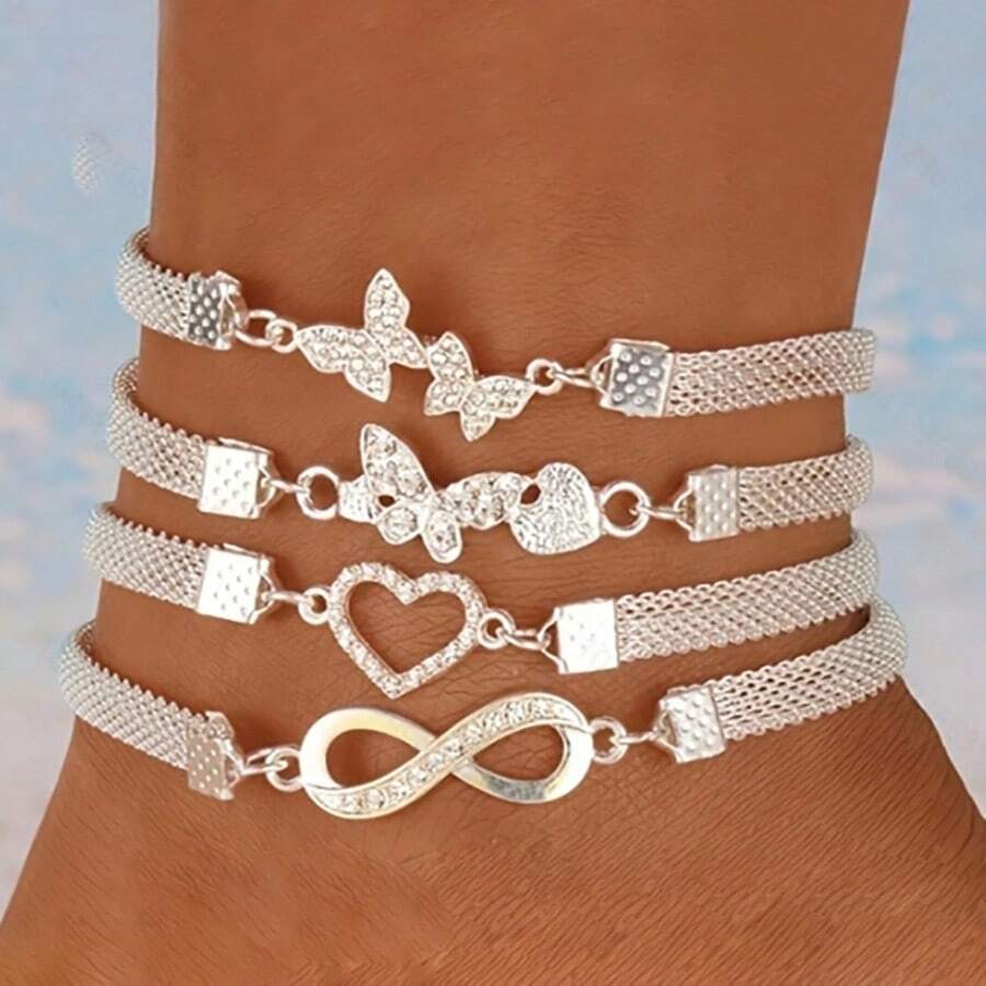 4pcs Luxurious Rhinestone Bracelet Set, Butterfly & Heart Shaped Lucky 8 Design Anklet & Bracelet, Casual Daily Wear - Multicolor - View 1