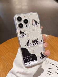 音乐卡通猫透明彩色绘画简约时尚创意防震手机壳，兼容 17/17Pro/17ProMax/16/11/16Pro/16Plus/16ProMax/16E/15ProMax/13/14/12/XS/XR/7G/8P，兼容三星Galaxy S25/S25Plus/S25 Ultra/A16/A36/A26/A56/A50/A12/A32 - 彩色 - 查看 6