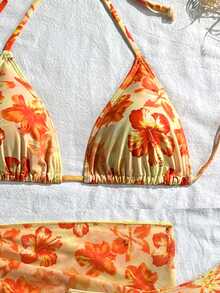 2026 New Fashion Casual Women's Bikini Set With Tie Strap & Sarong Skirt 3-Piece, Suitable For Spring/Summer Daily, Beach, Resort, Pool Party Vacation - Yellow Orange - View 4