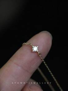 1pc 925 Sterling Silver Single Diamond Necklace Or Bracelet, Plated With 14k Gold Fine Chain, Single Diamond Bracelet, Minimalist Women's Daily Accessory - Gold - View 5