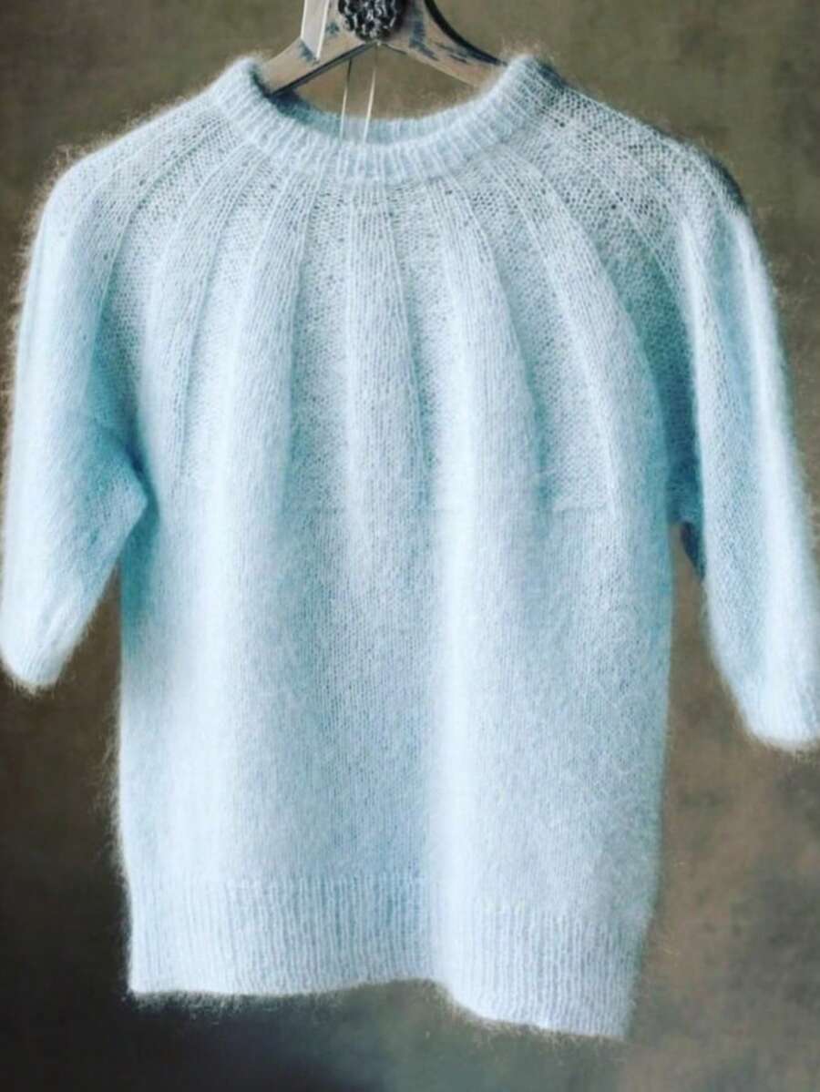 Blue Mohair Knit Top, Crewneck Drop Shoulder Short Sleeve Relaxed Fit Pullover For Summer Parties, Graduation Events & Elegant Style Spring - Baby Blue - View 1