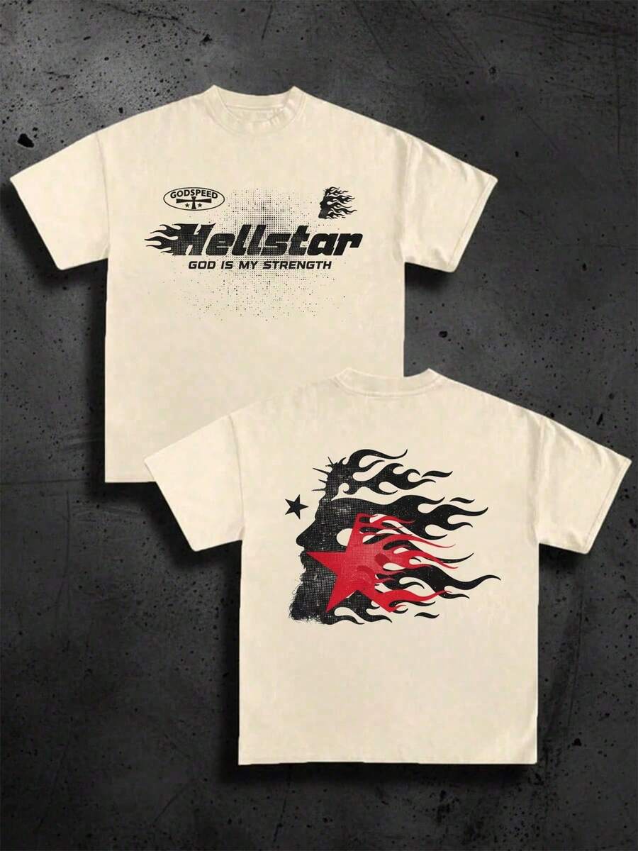 (220 Cotton T-Shirt Double-Sided Printing) 1pc  Flame & Star Graphic T-Shirt, Y2K, Streetwear, Digital Print T - Shirt Casual Comfort Cotton Tee For Spring & Summer Fall Men's Clothing, Halloween Gift,UnisexXE001 - 杏色 - 查看 1