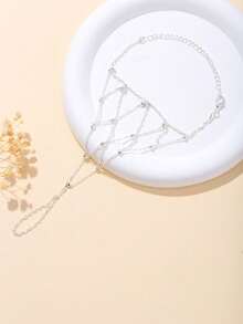 1pc New Bridal Mesh Finger Chain, European And American Elegant Niche Rhinestone Hand Chain Accessory, Steel Bead Bracelet For Women - Grid - View 6