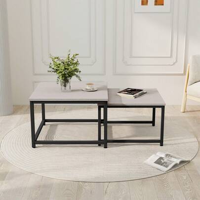 Nesting Coffee Table Set Of 2, Modern Nest Of 2 Tables With Vintage Wood Grain, MDF Top And Sturdy Metal Frame, Space-Saving Stackable Side Tables For Living Room, Bedroom, Office,