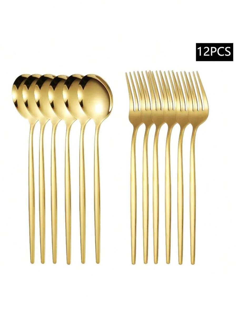 4/8/6/12 pièces Cuillères et fourchettes en acier inoxydable doré, convient pour la maison, l'hôtel, le pique-nique, le lave-vaisselle - Doré - Voir 1