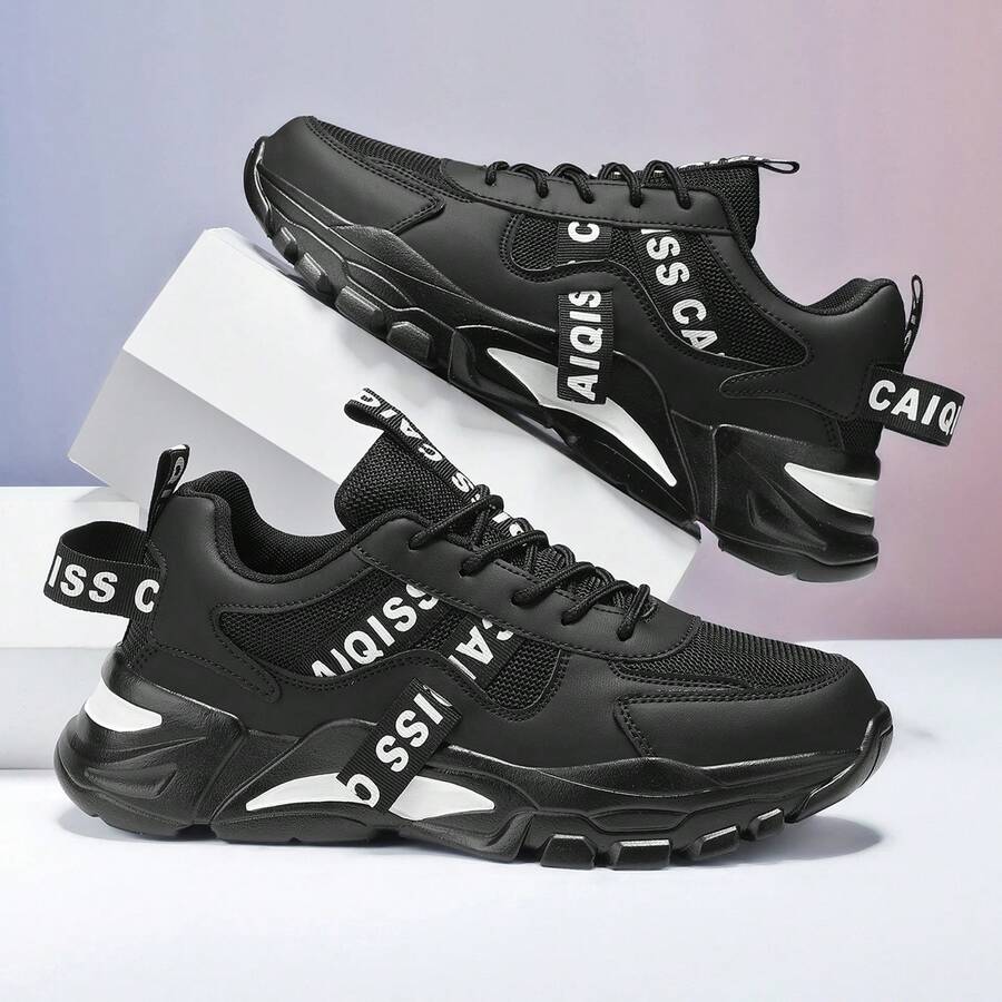 Men's Casual Sneakers, Letter Print, Thick Sole Chunky Sneakers, Fashionable Leisure Walking Shoes For Teenagers - Black - View 1