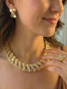 Luxury 18K Gold Crystal X-Shaped Jewelry Set - 4pcs, Suitable For Festivals, Weddings And Special Occasions, High-Quality And Durable, Popular In The US Market - Gold - View 2
