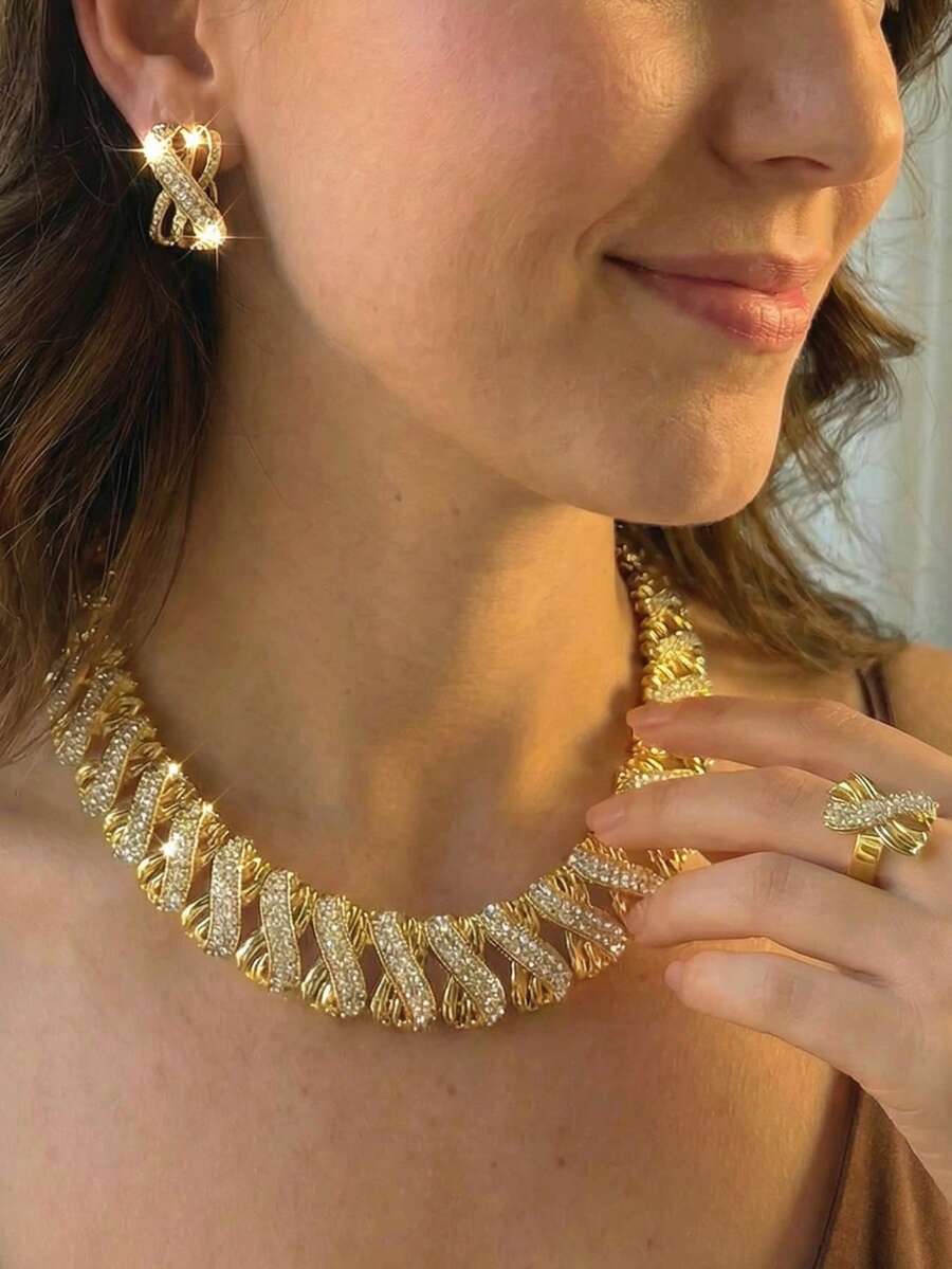 Luxury 18K Gold Crystal X-Shaped Jewelry Set - 4pcs, Suitable For Festivals, Weddings And Special Occasions, High-Quality And Durable, Popular In The US Market