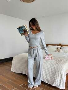 两件套女士蕾丝拼接长袖上衣+松紧腰裤可爱睡衣套装 - 灰色 - 查看 9
