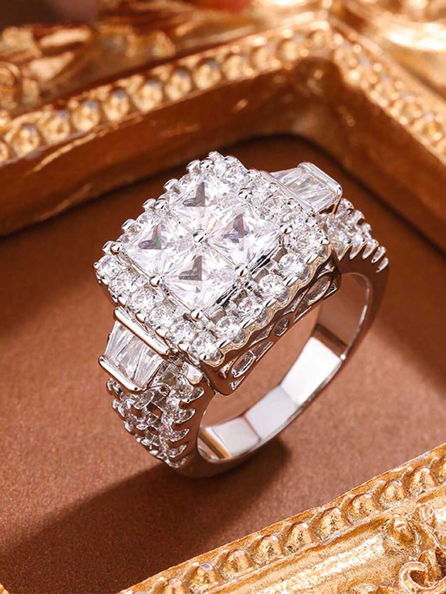 优雅方形合成立方氧化锆情侣戒指，订婚/结婚礼物首饰 - 白色 - 查看 1